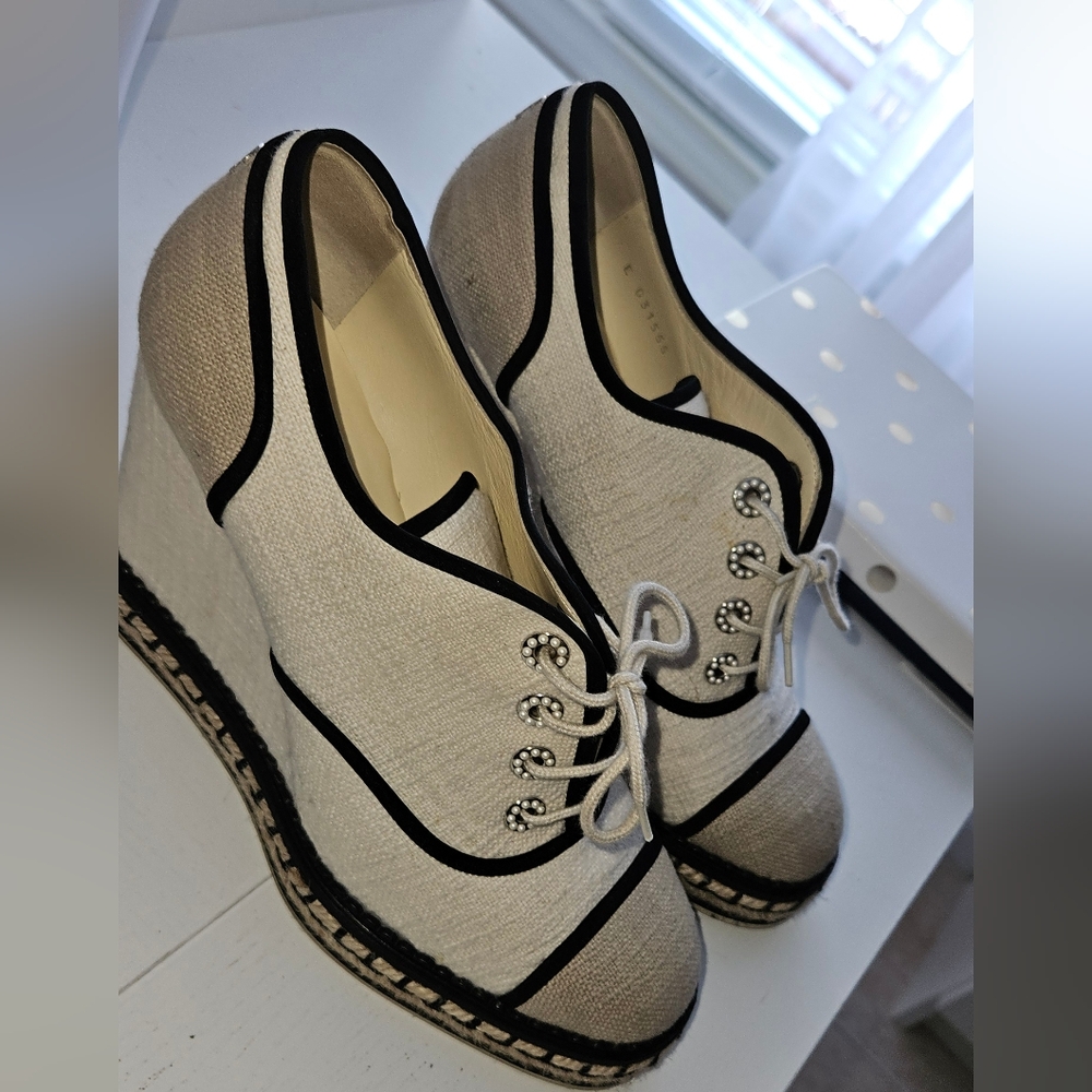 CHANEL Raffia Lace Up Wedge Espadrilles size 41